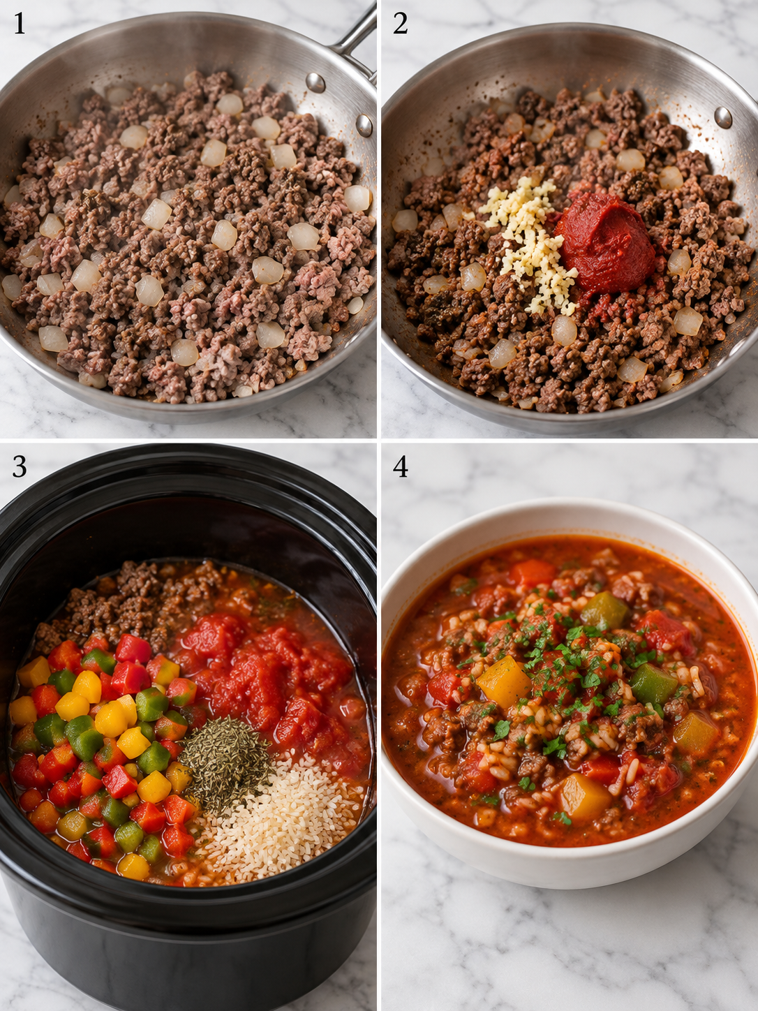 Steps for making stuffed pepper soup from browning beef to ladling over rice