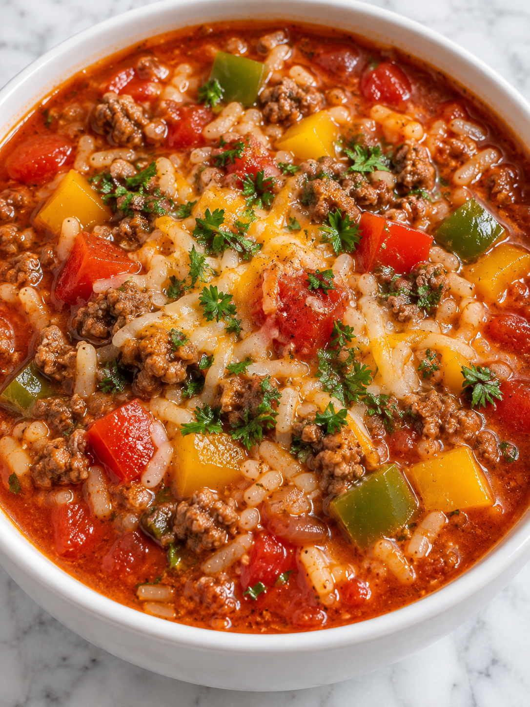 Bowl of stuffed pepper soup with beef, colorful peppers, rice, and parsley