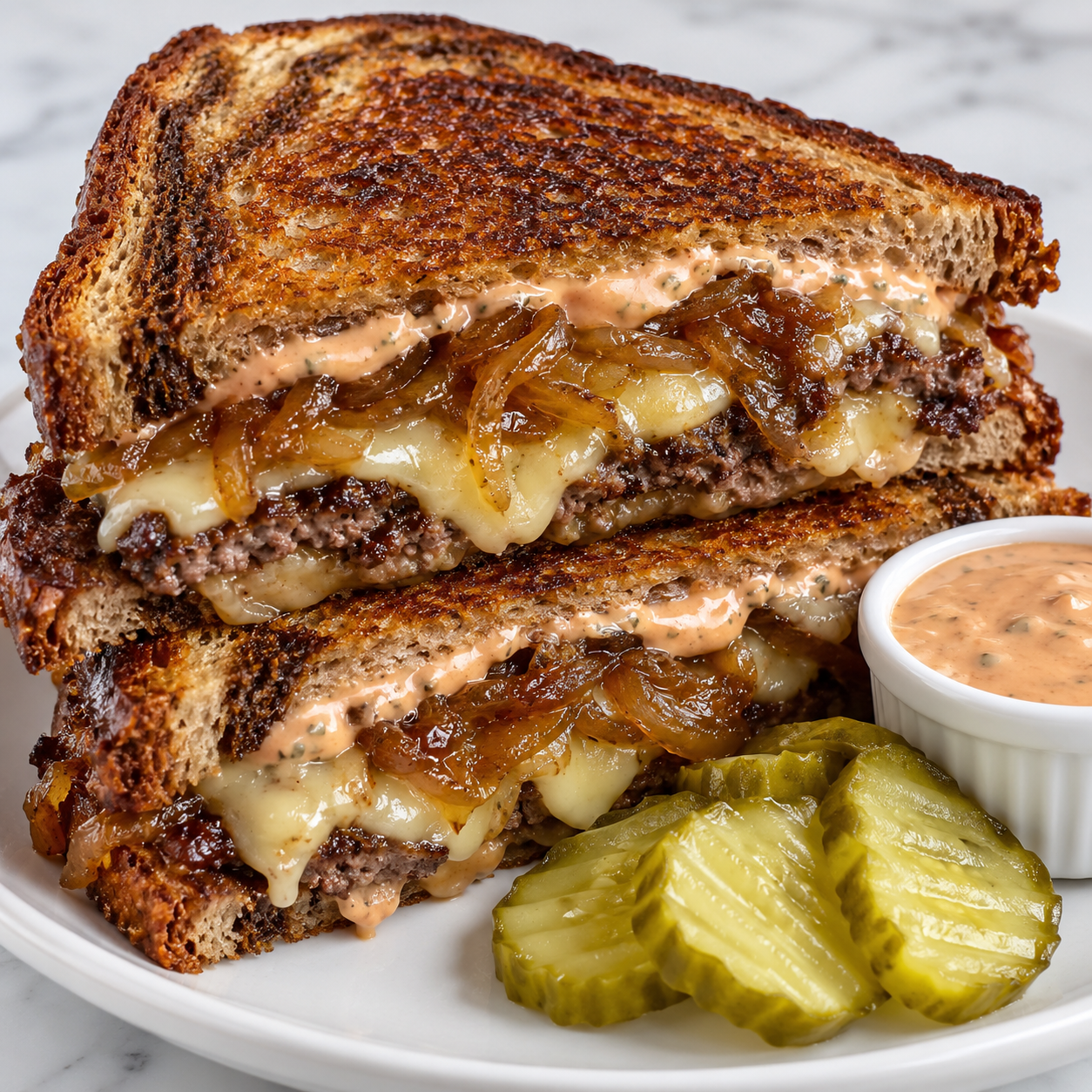Rye patty melt with Swiss, caramelized onions, and confidential sauce