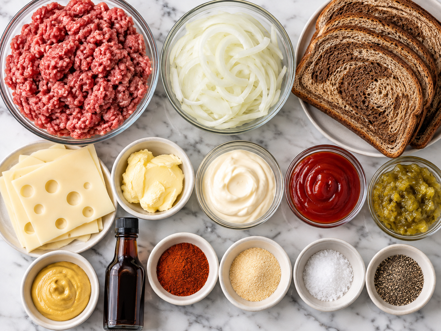 Ingredients for rye patty melts with Swiss, onions, and confidential sauce