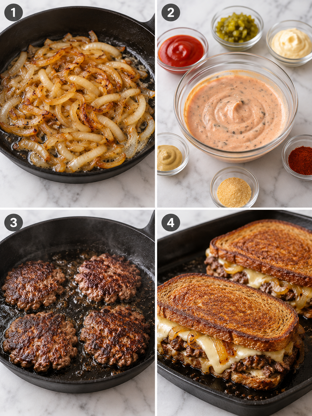Four cooking steps for patty melts with onions, sauce, beef, and rye