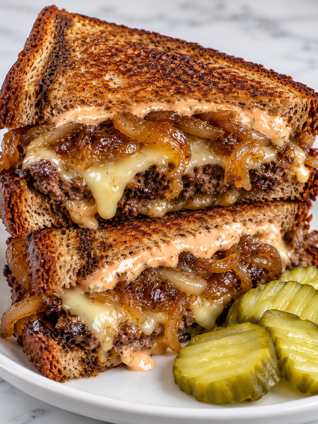 Cut rye patty melt with melted Swiss, onions, and creamy sauce