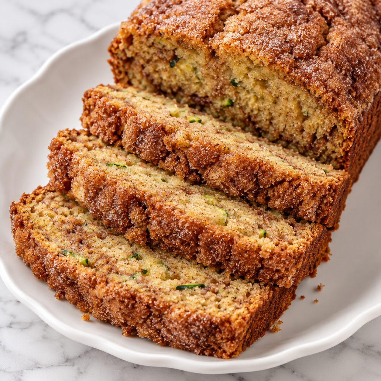 Sliced snickerdoodle zucchini bread with cinnamon sugar crust