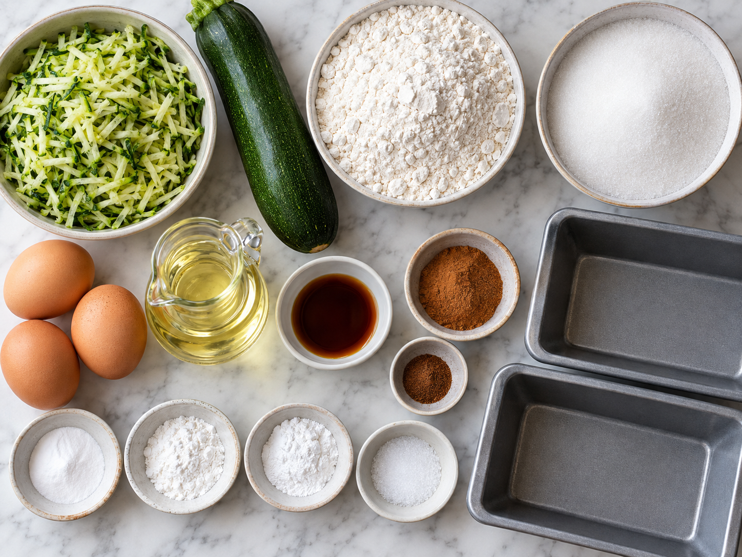 Ingredients for snickerdoodle zucchini bread with grated zucchini and cinnamon