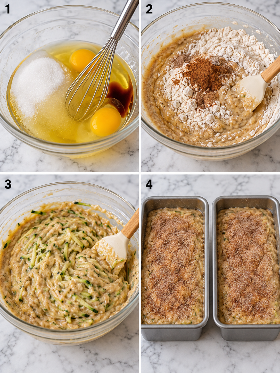 Steps for mixing and layering snickerdoodle zucchini bread batter