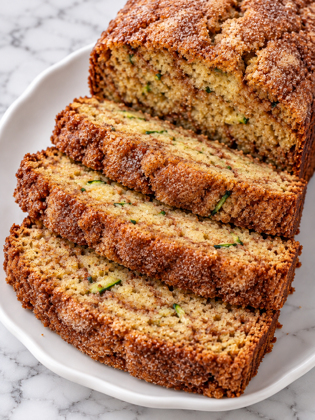 Stacked slices of snickerdoodle zucchini bread with cinnamon sugar crust