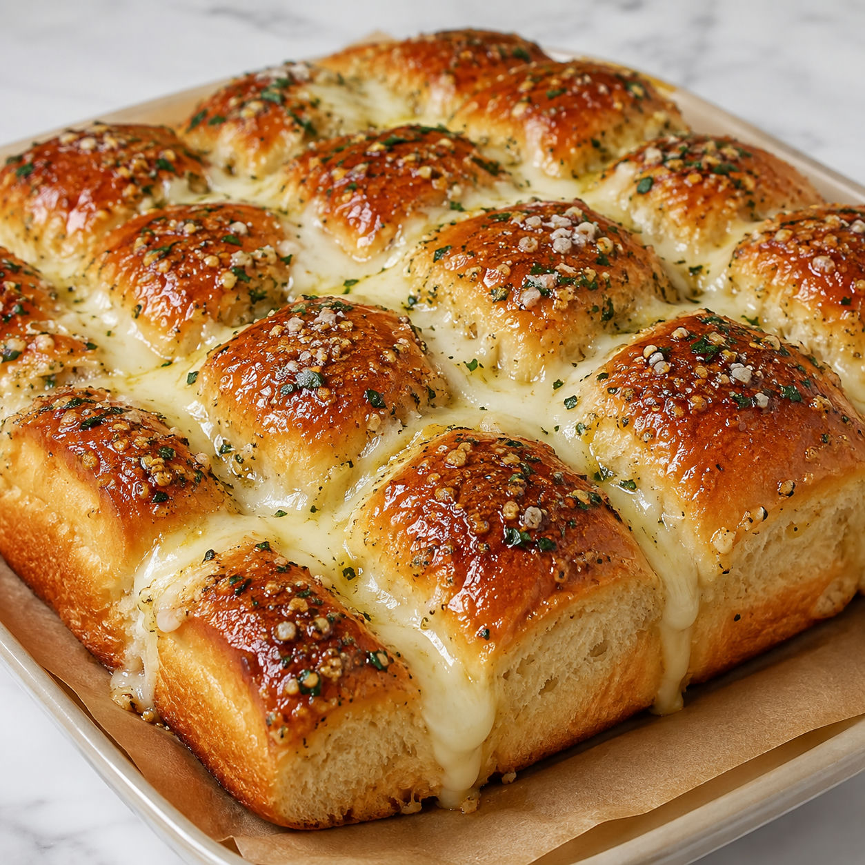 Garlic parm Hawaiian rolls with melted mozzarella and parsley