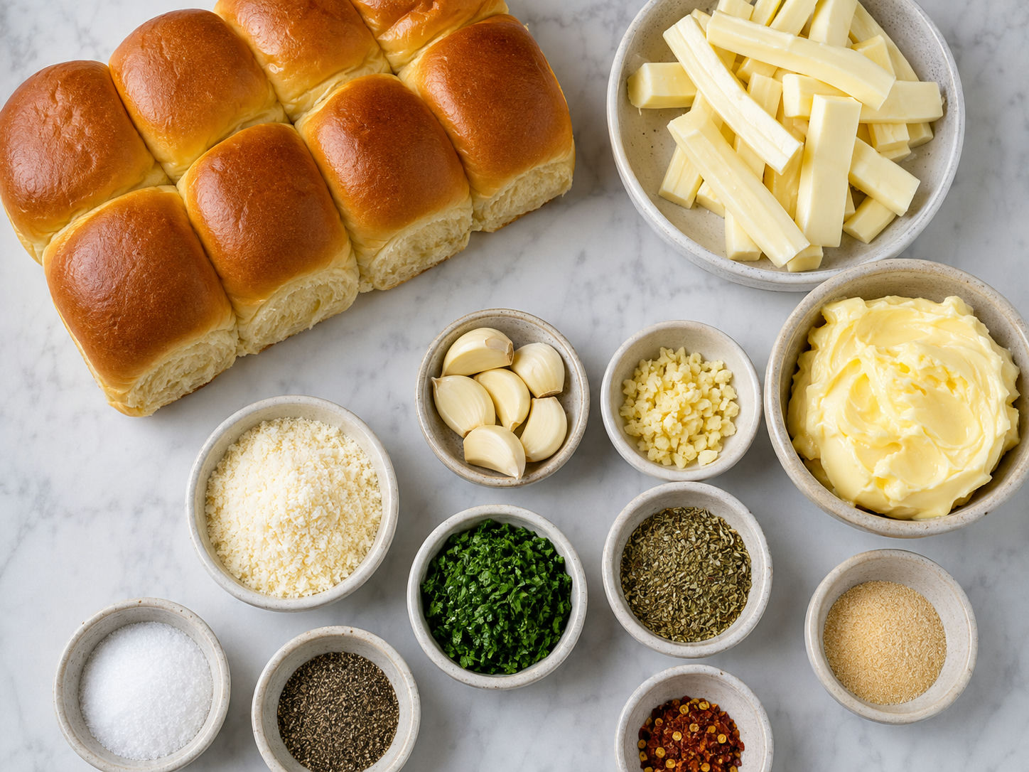 Ingredients for mozzarella garlic parm Hawaiian rolls on a table