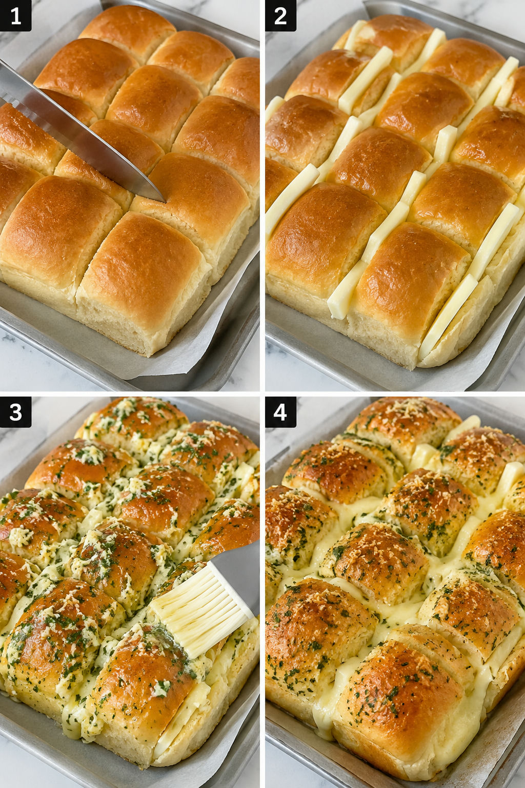 Four steps for making cheesy garlic parm Hawaiian rolls