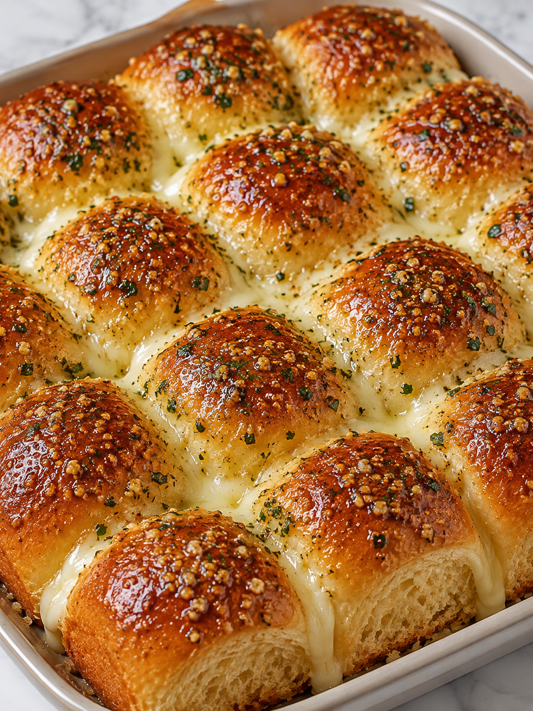 Pull-apart garlic parm Hawaiian rolls with melted mozzarella