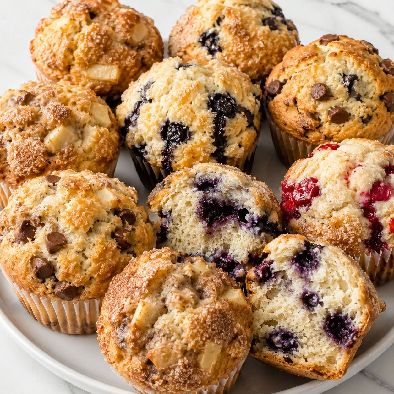 Assorted bakery-style muffins with golden domed tops and tender crumb