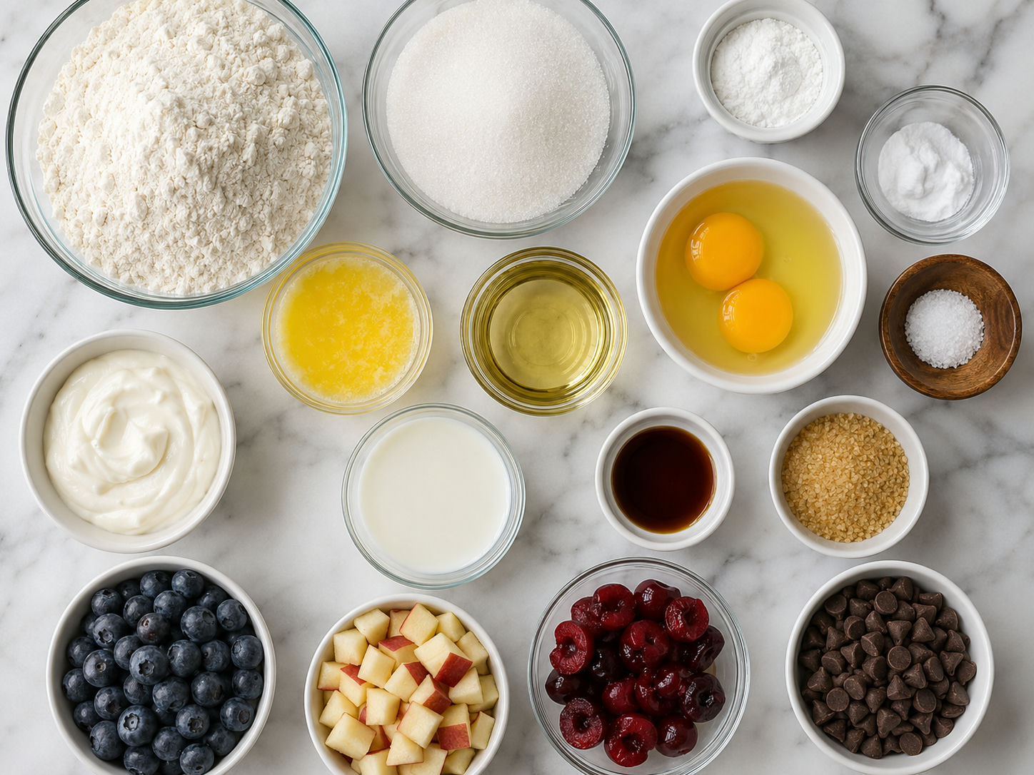 Muffin ingredients with flour, eggs, dairy, fruit, and chocolate chips