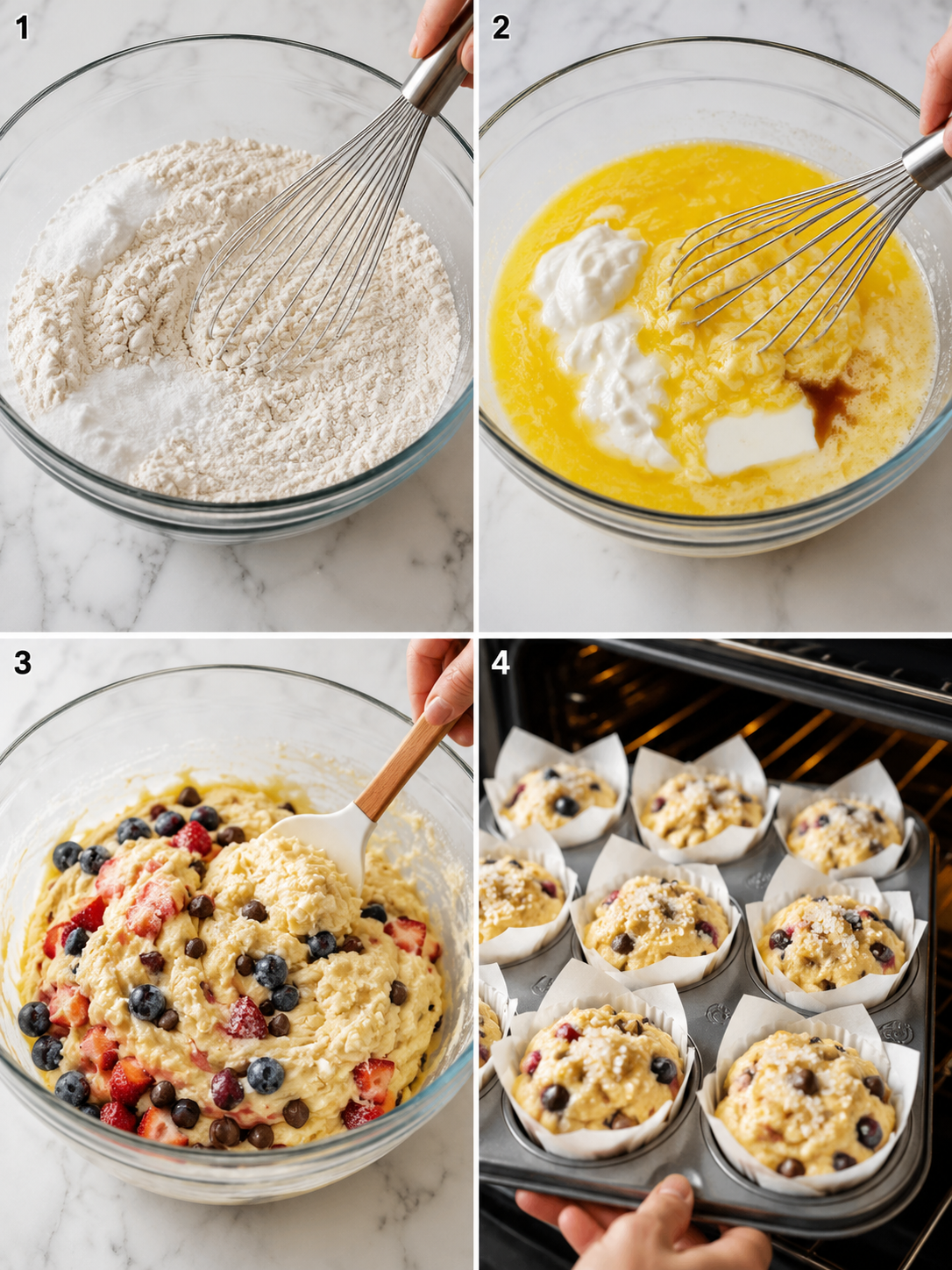 Four steps for mixing and baking tall bakery-style muffins