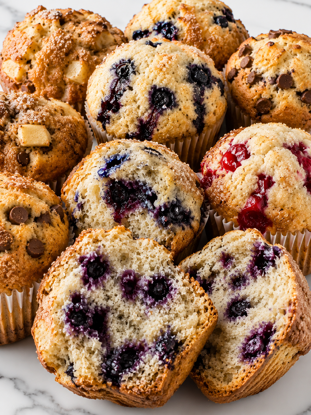 Tall bakery-style muffins with golden tops and one split open