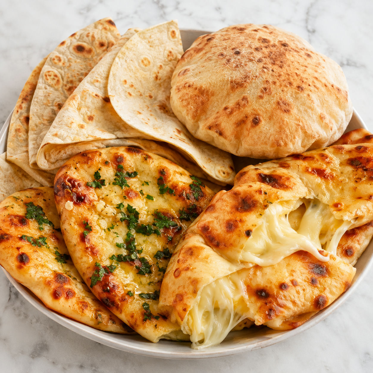 Soft homemade flatbreads with garlic naan, pita, tortillas, and melted cheese