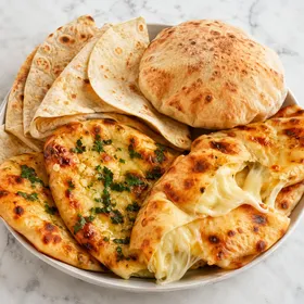 Soft homemade flatbreads with garlic naan, pita, tortillas, and melted cheese