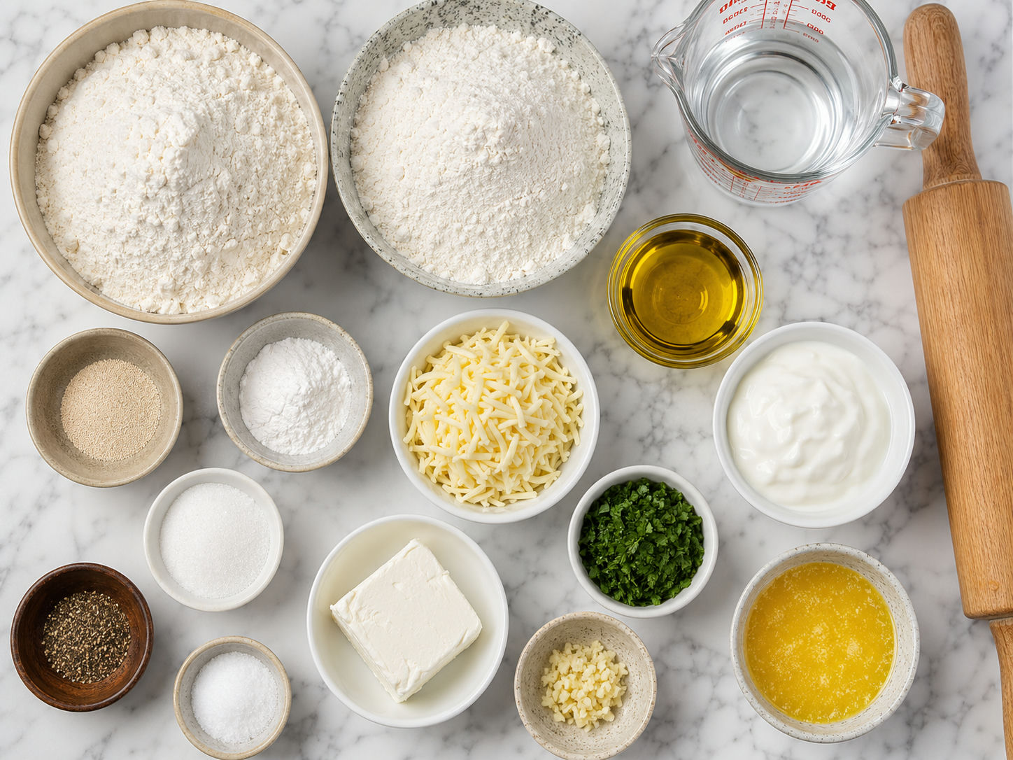 Ingredients for homemade flatbreads with flour, yeast, yogurt, garlic, and cheese