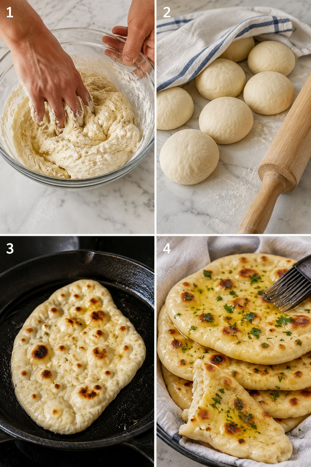 Steps for mixing, rolling, skillet cooking, and brushing homemade flatbreads