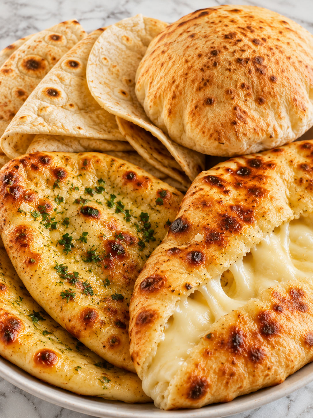 Warm homemade flatbreads with garlic butter, pita, tortillas, and melted cheese