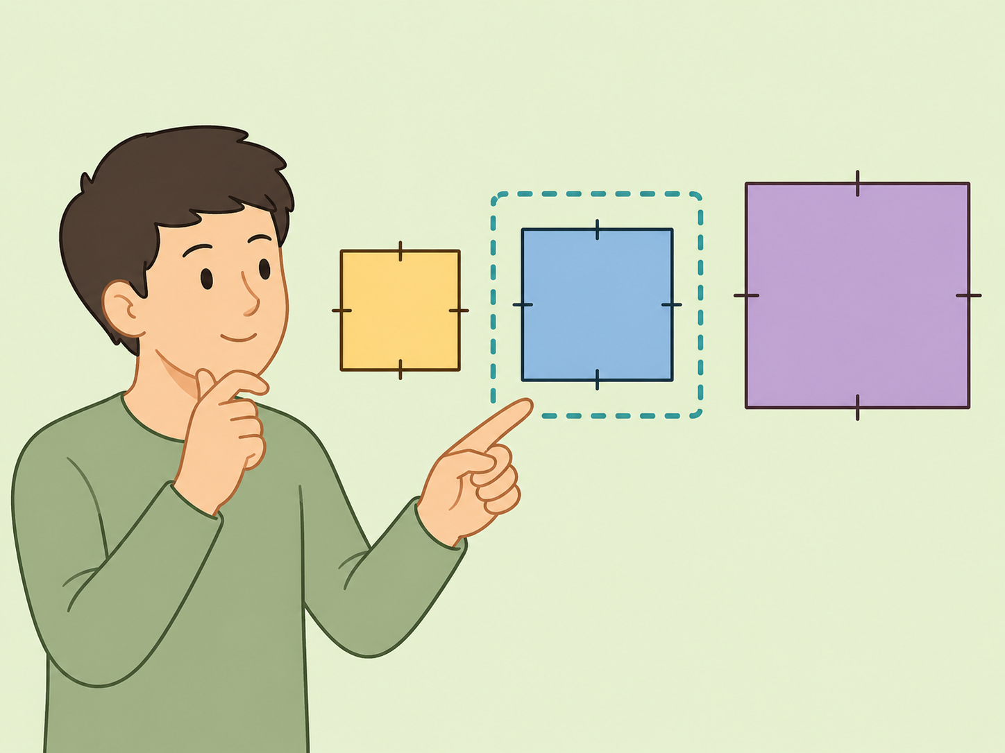 Person identifying the square shape assumption in a geometry challenge.