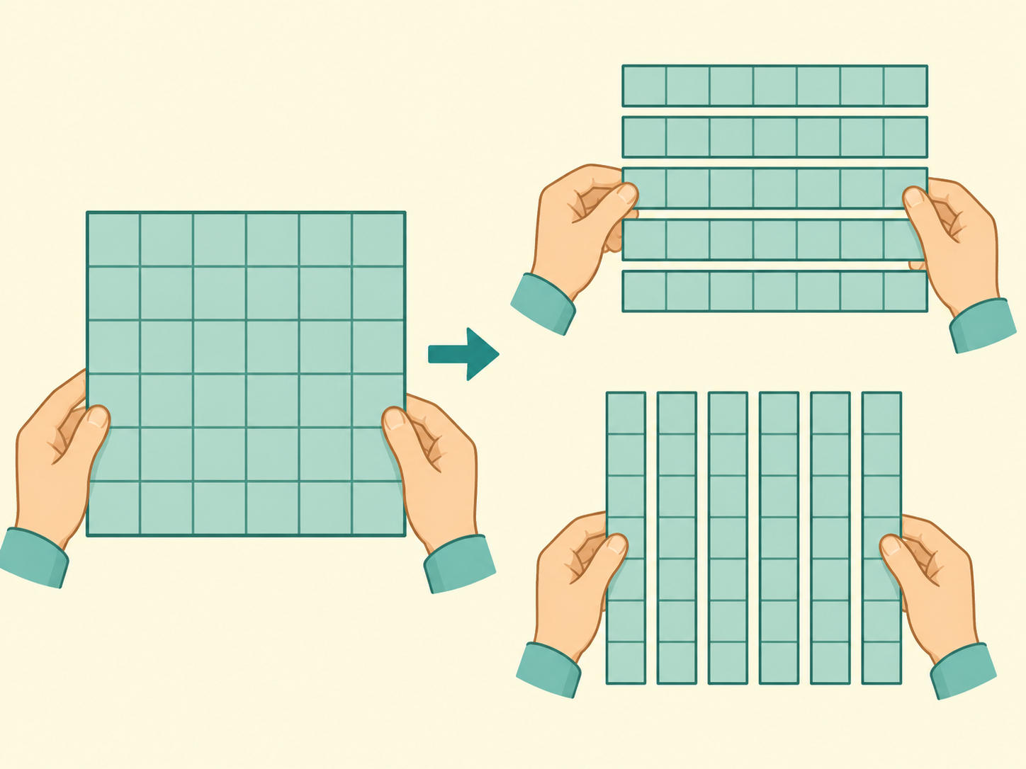 Hands turning a square area into one side length.