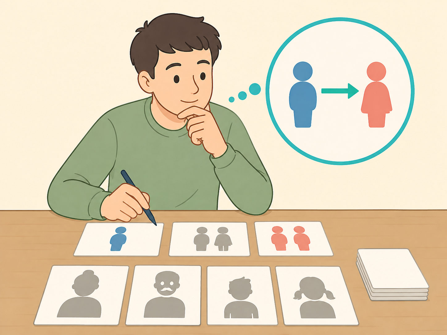 Person solving a family riddle by tracing a simple father and son relationship.
