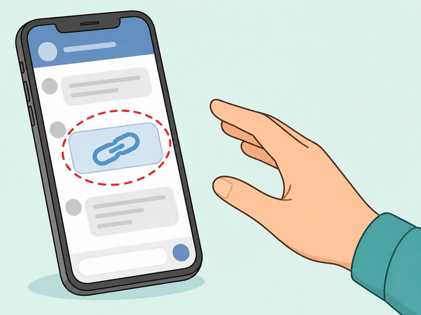 Hand avoiding a suspicious link connected to a social media riddle.