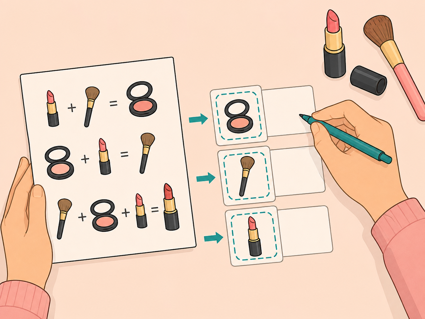 Hands matching beauty symbols to their values before solving.