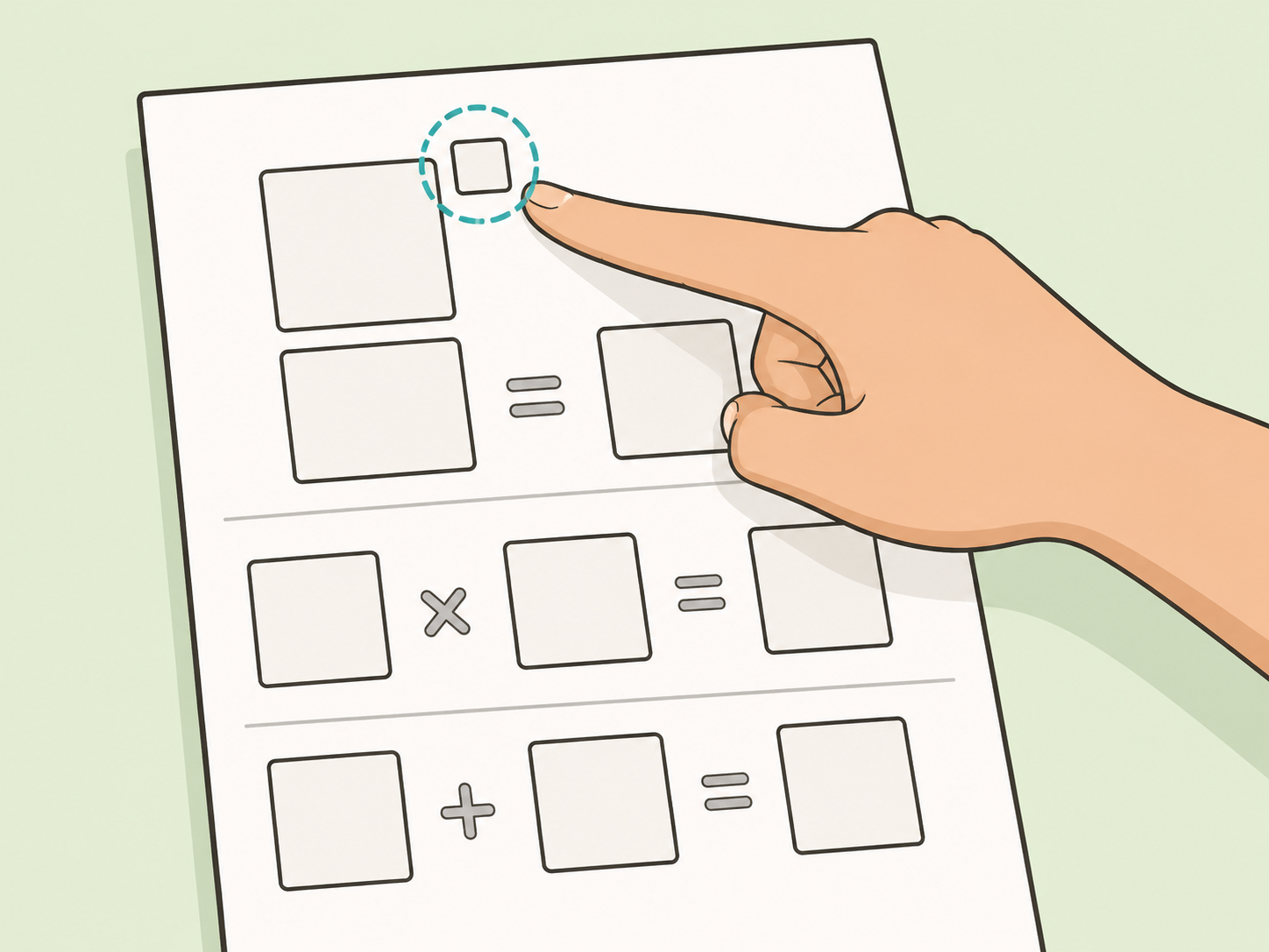 A hand identifies an exponent before multiplying.