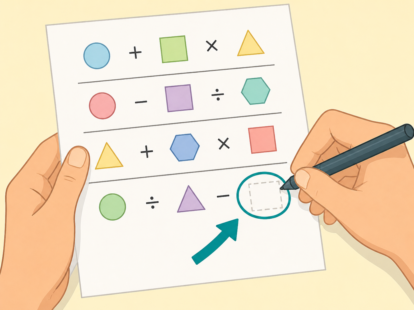 Hand circling the exact question on a math puzzle.