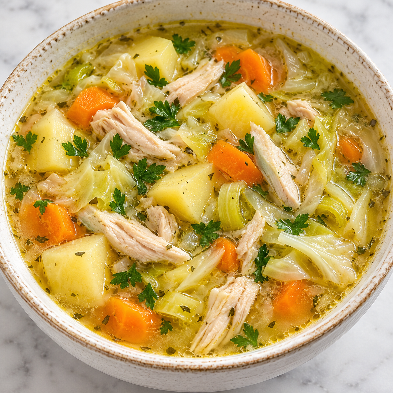 Chicken potato soup with cabbage, carrots, leeks, and parsley