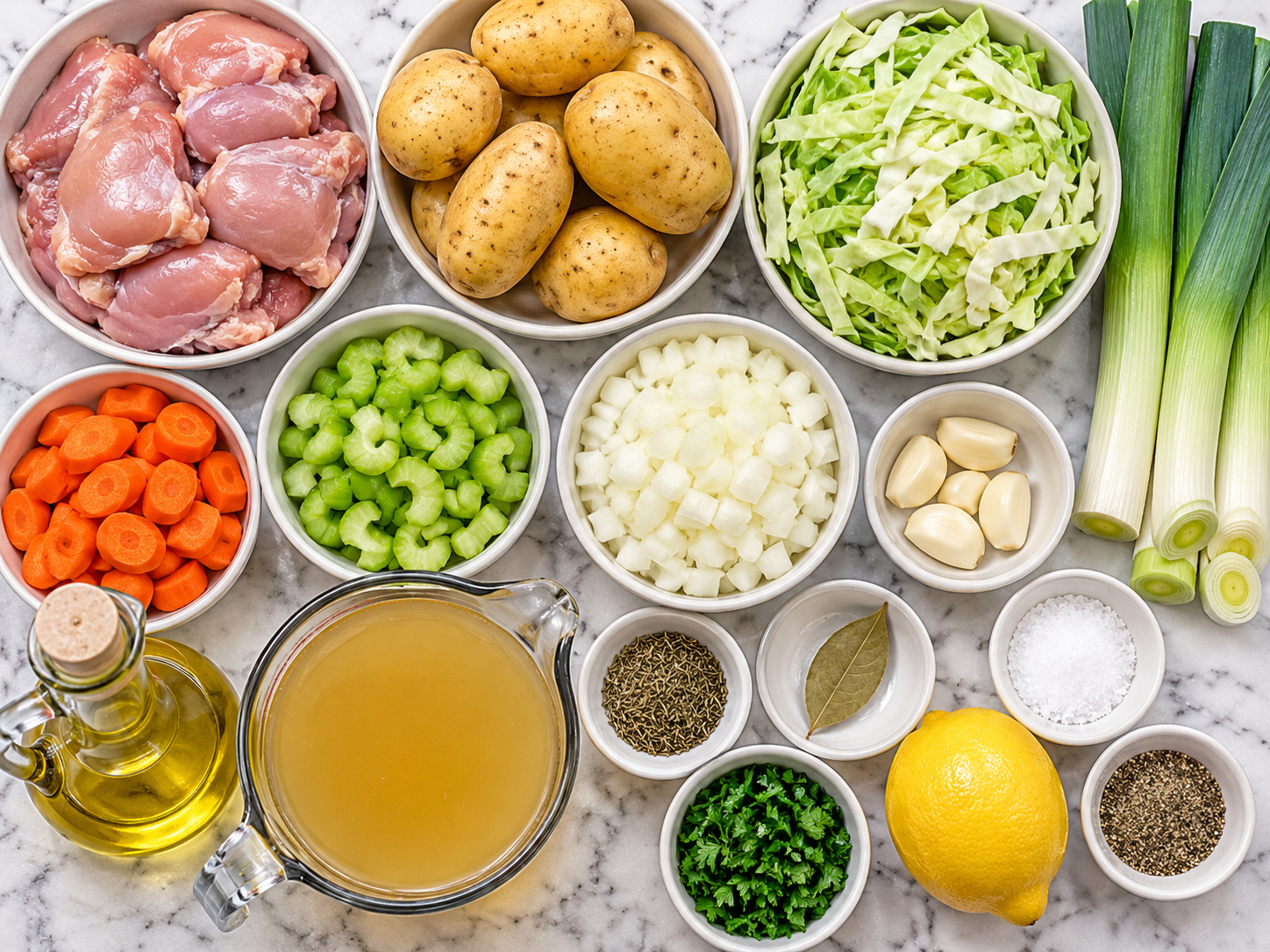 Raw chicken, potatoes, cabbage, leeks, carrots, and herbs for soup