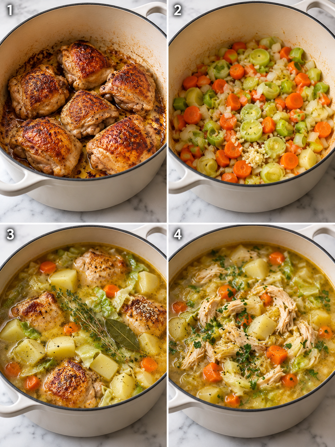 Four cooking steps for chicken potato soup with leeks and cabbage