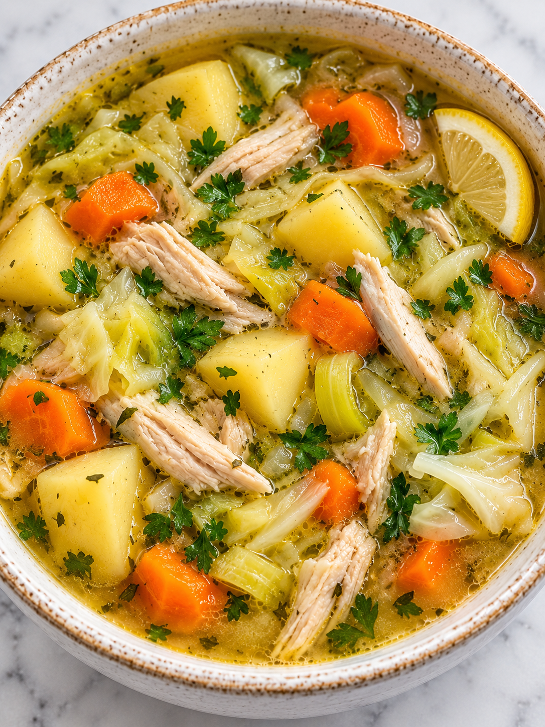 Bowl of chicken potato soup with cabbage, carrots, leeks, and parsley