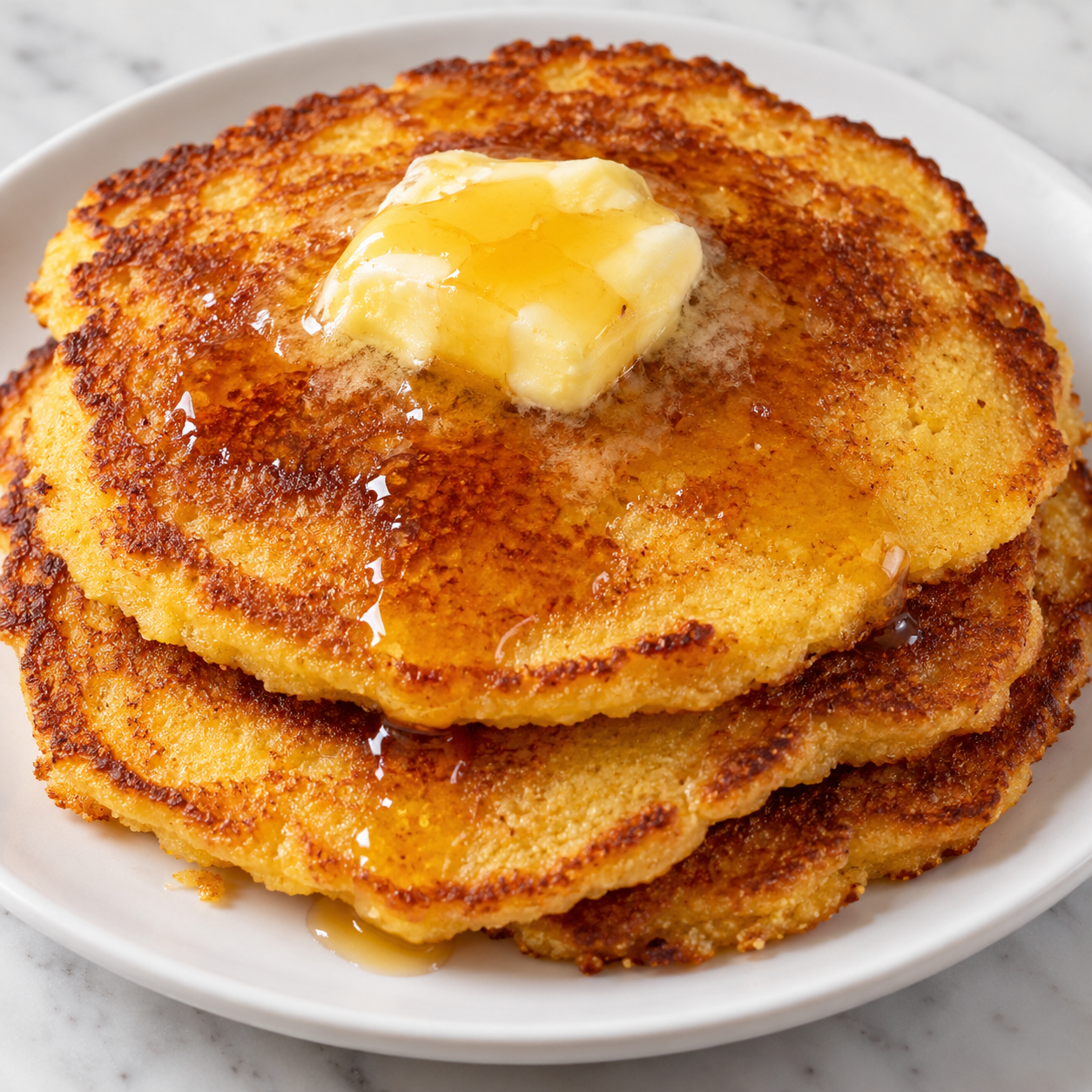 Golden Southern hoe cakes with melting butter and honey on a white plate