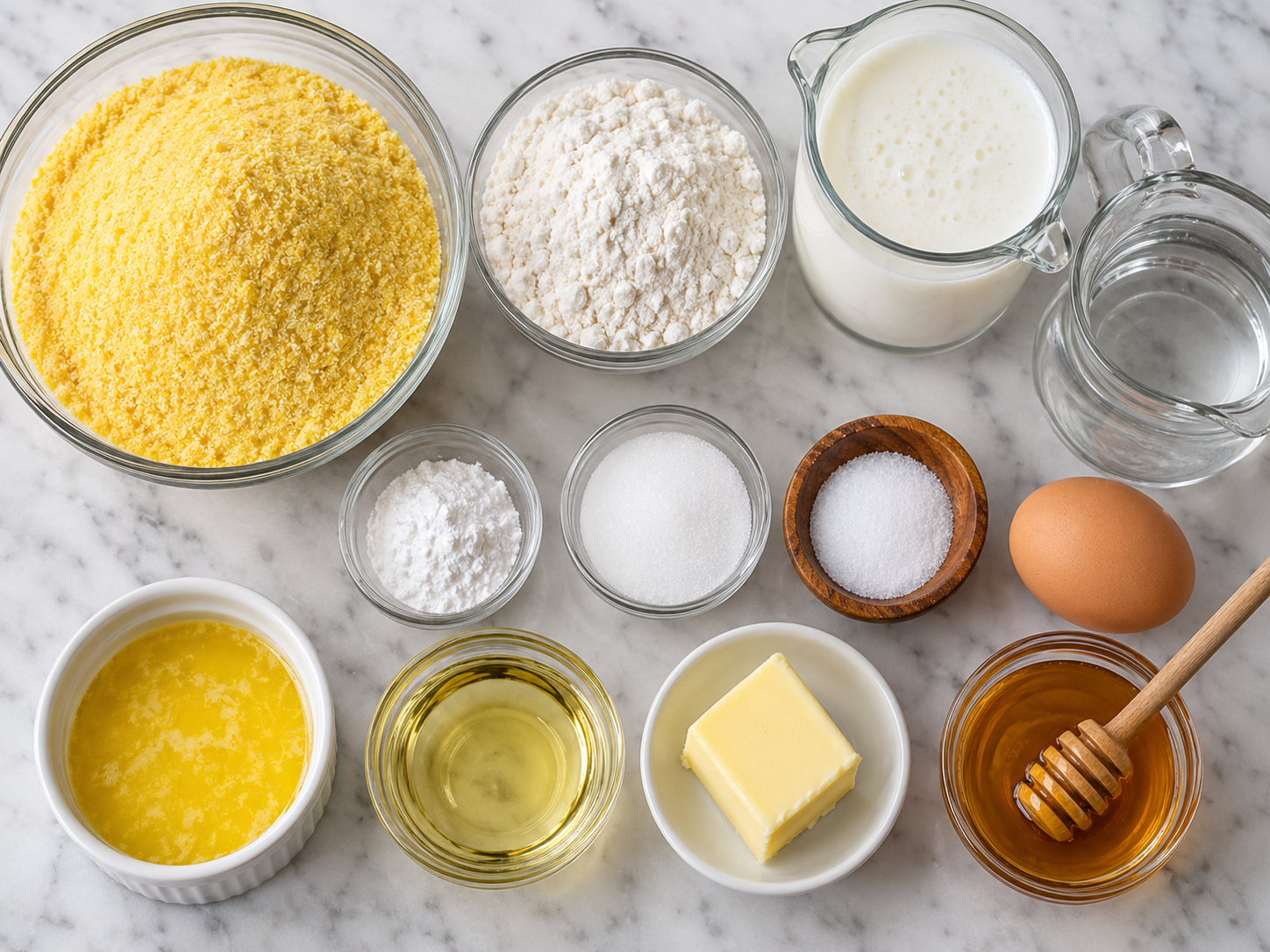 Cornmeal, buttermilk, egg, butter, oil, and honey for Southern hoe cakes