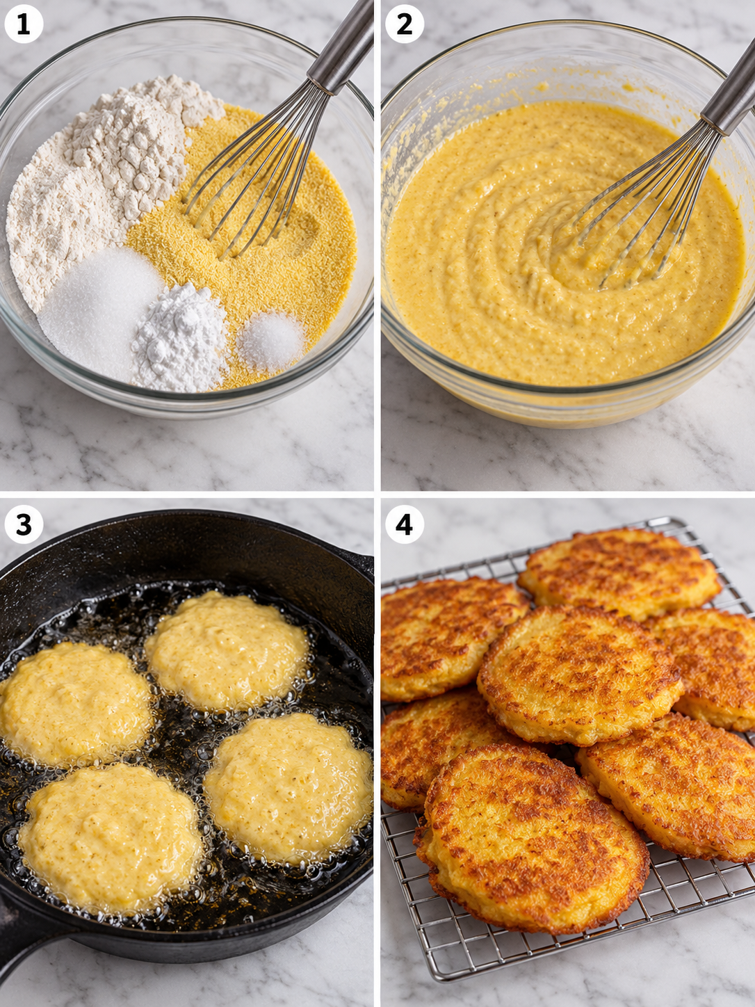 Four steps for mixing and frying Southern hoe cakes in a cast-iron skillet