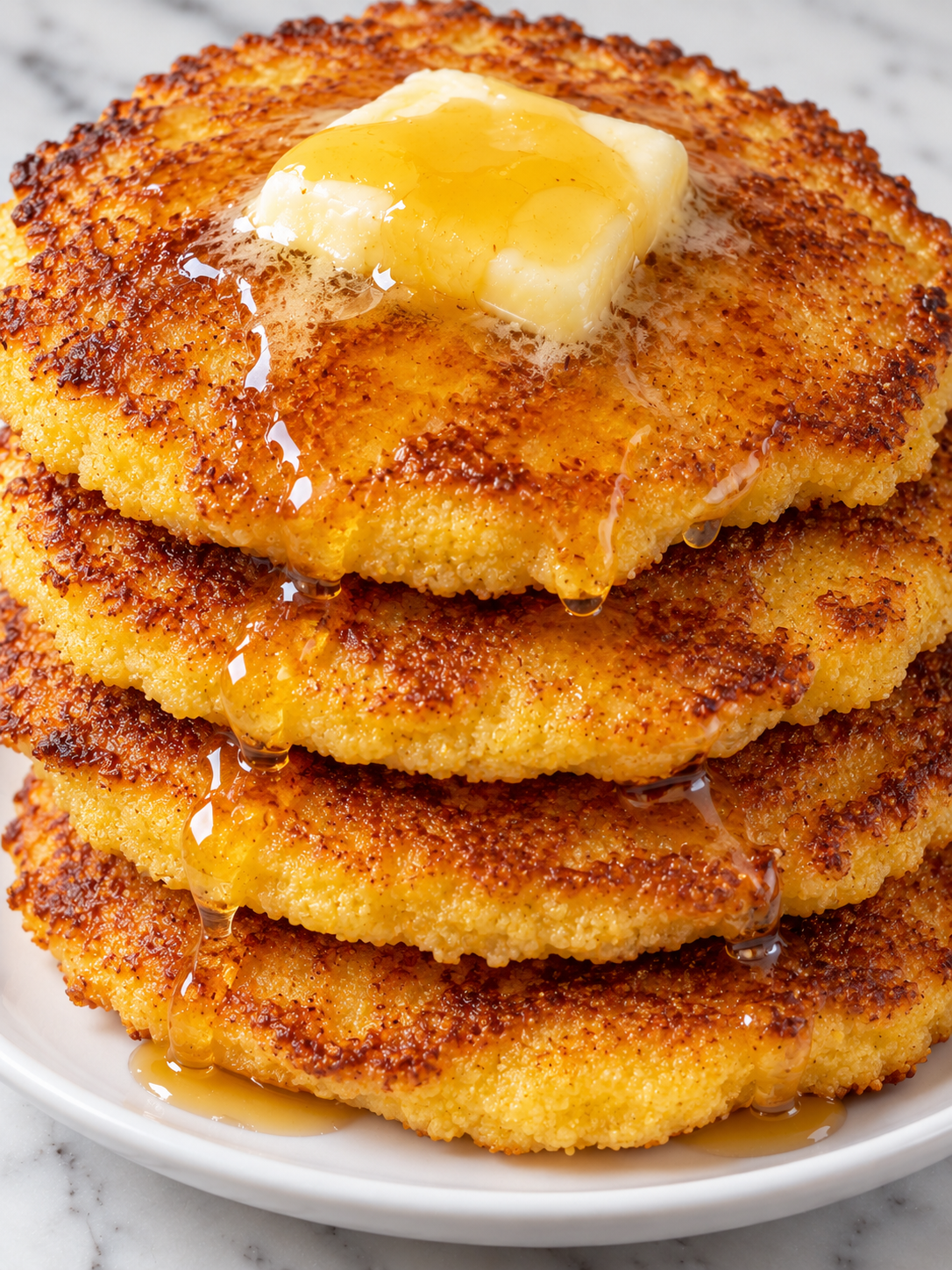 Stack of crispy Southern hoe cakes with butter and honey