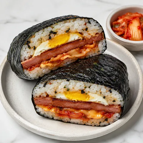 Spam musubi wrap with rice, glazed Spam, egg, cheese, and kimchi