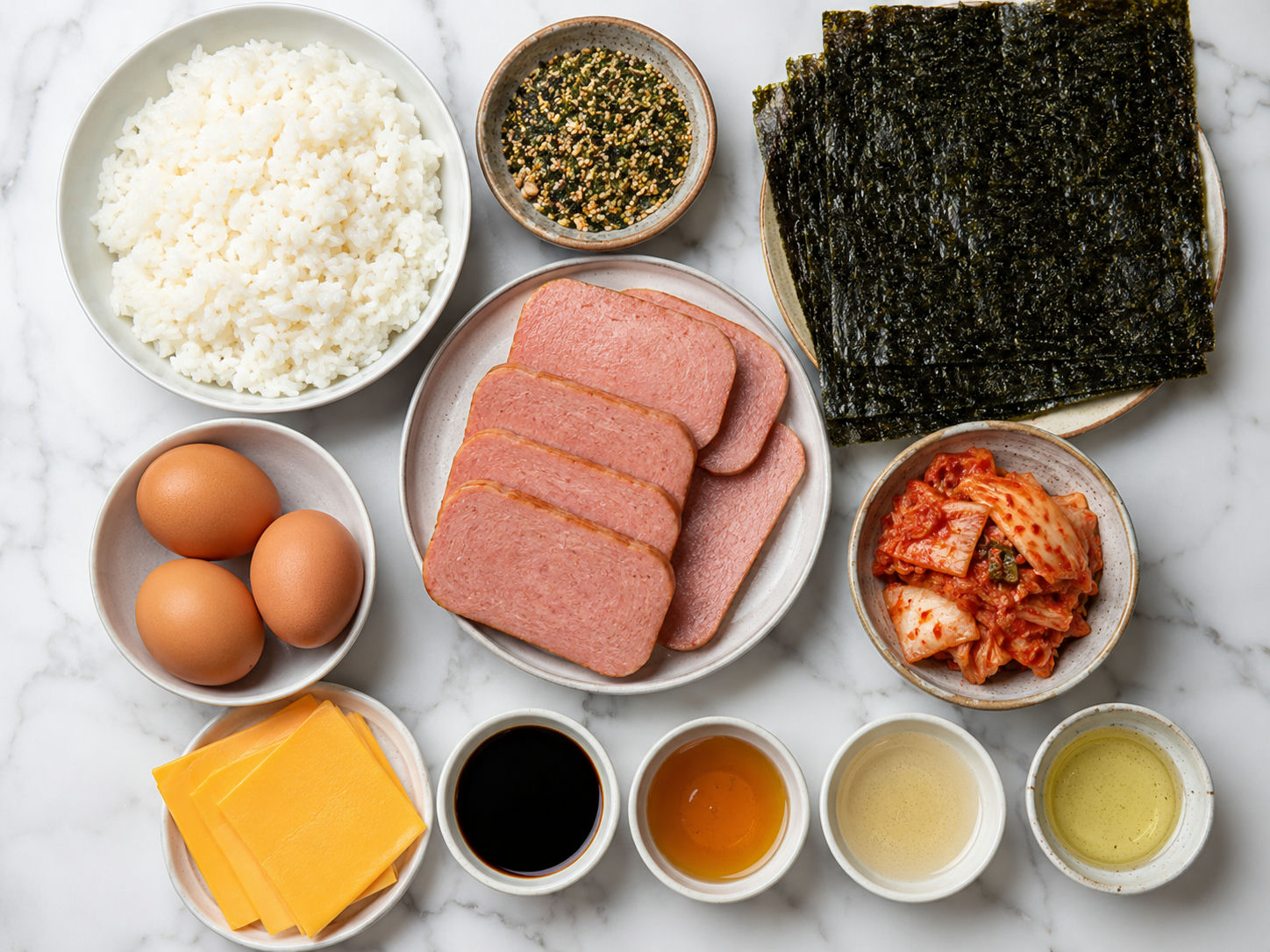 Ingredients for Spam musubi wraps with rice, nori, eggs, cheese, and kimchi