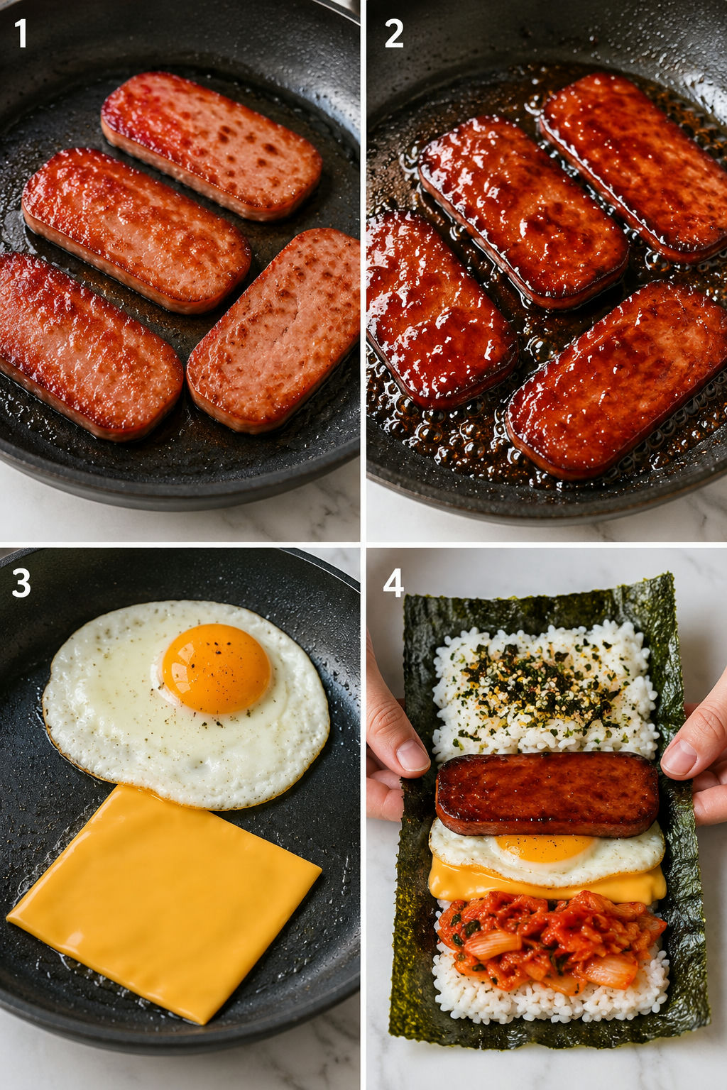 Four steps for making Spam musubi wraps with glazed Spam and nori