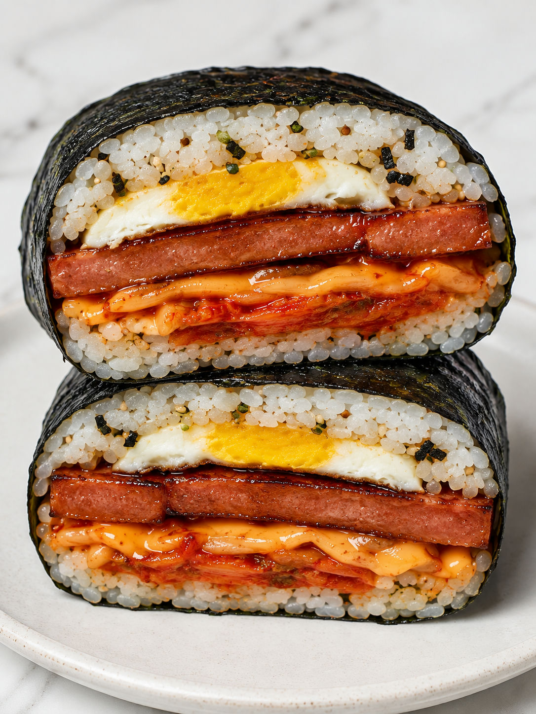Sliced Spam musubi wrap with glazed Spam, rice, egg, cheese, and kimchi