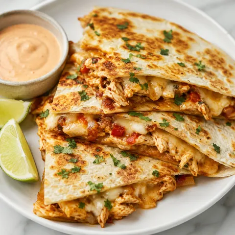 Spicy chicken quesadilla wedges with melted cheese and sriracha mayo