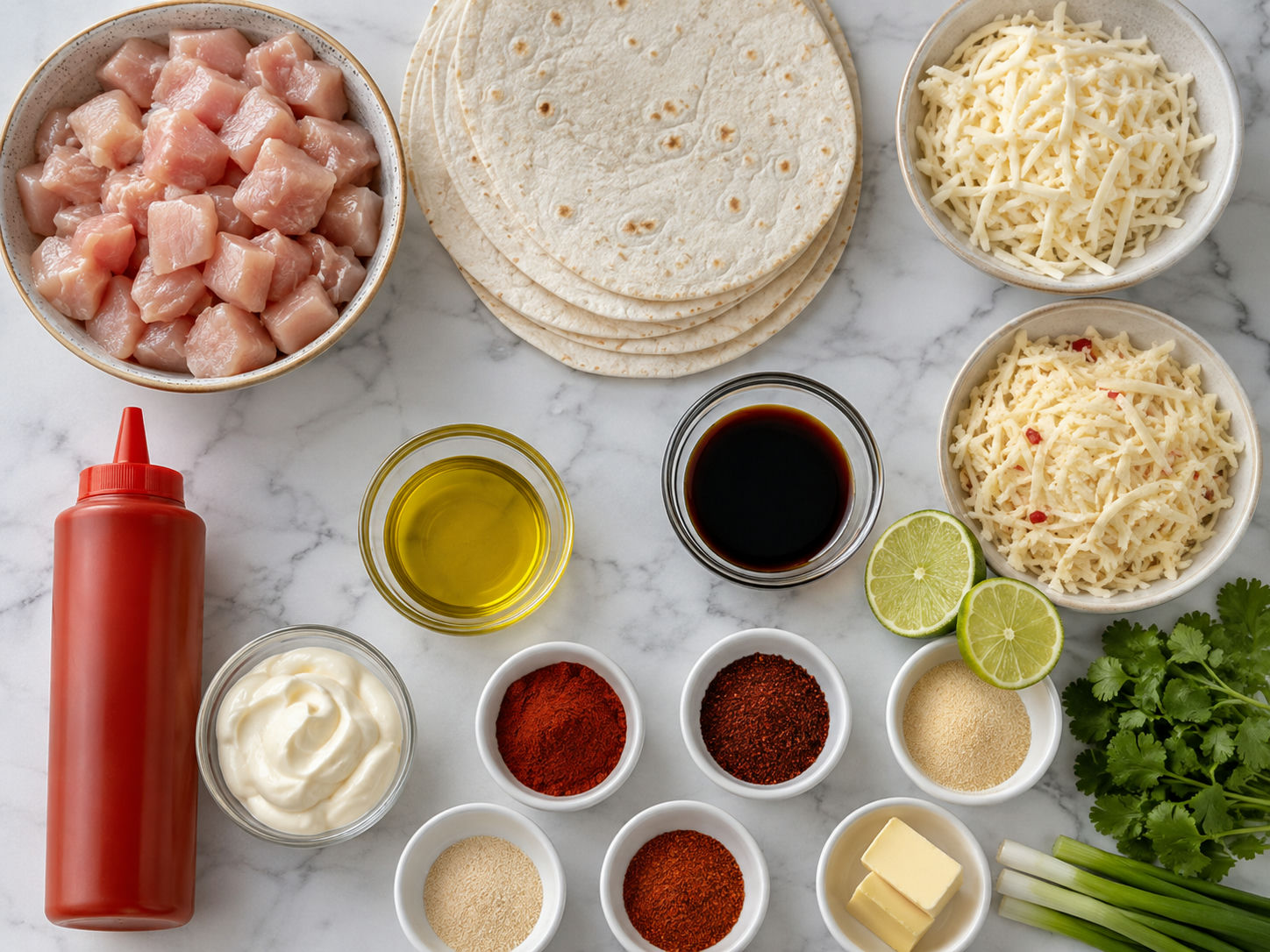 Ingredients for spicy chicken quesadillas with tortillas, cheese, chicken, and spices