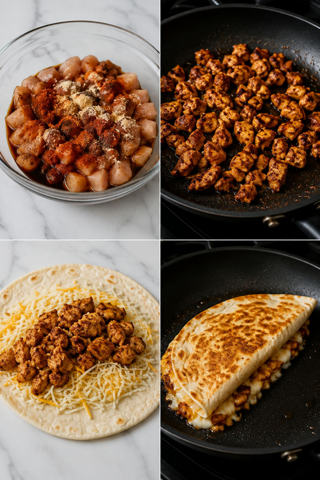 Four cooking steps for spicy chicken quesadillas from seasoning to skillet