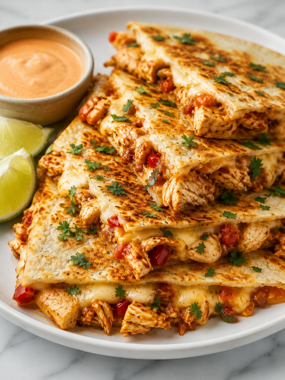 Golden spicy chicken quesadilla wedges with melted cheese and cilantro