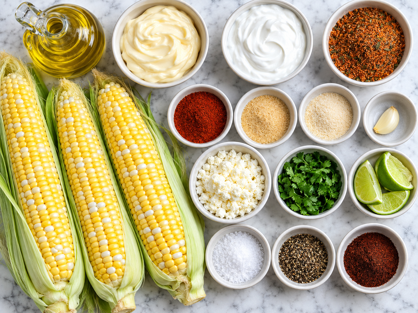 Ingredients for Cajun corn with corn, lime, spices, crema, and cotija