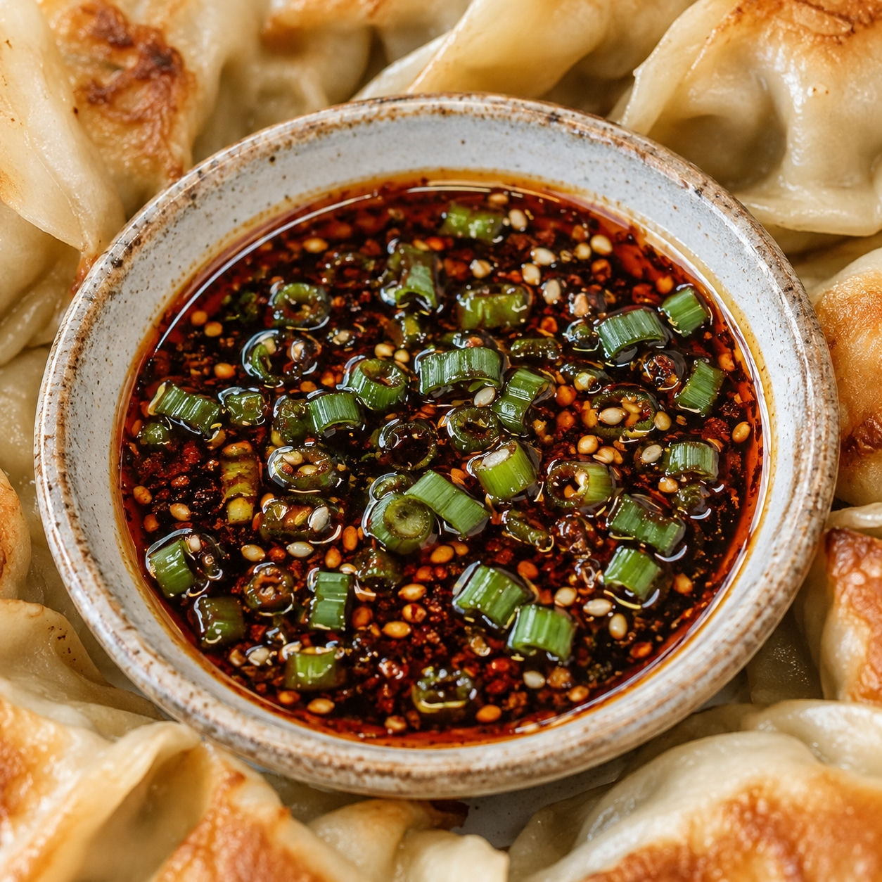 Spicy dumpling sauce with scallions and sesame beside pan-fried dumplings