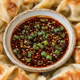 Spicy dumpling sauce with scallions and sesame beside pan-fried dumplings