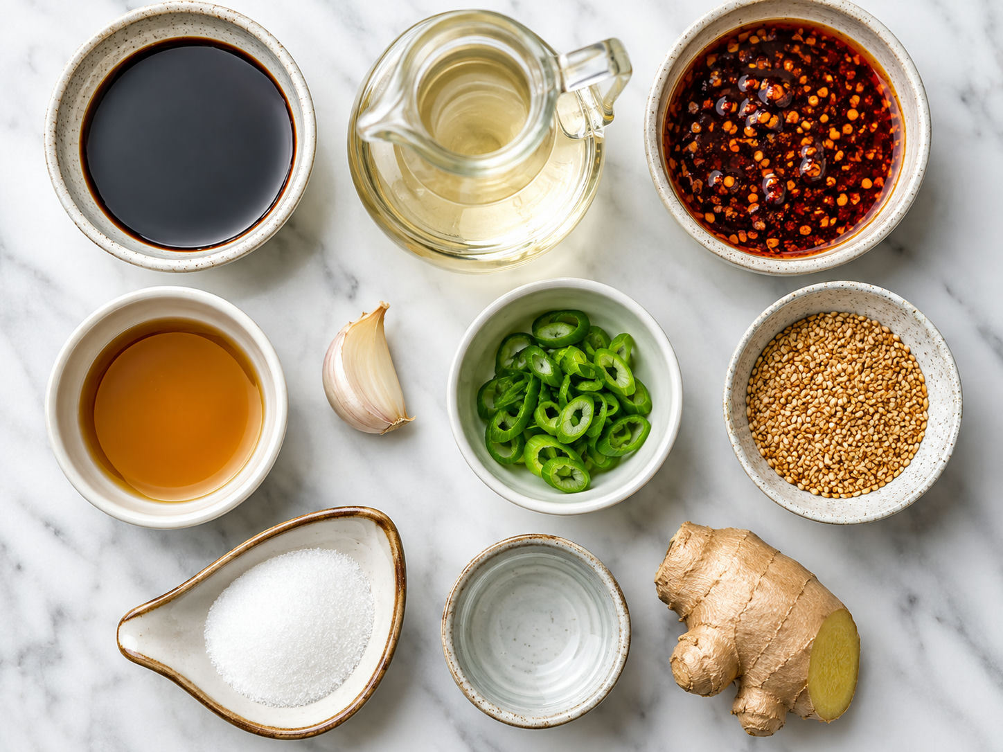 Soy sauce, rice vinegar, chili oil, scallions, sesame, garlic, and ginger